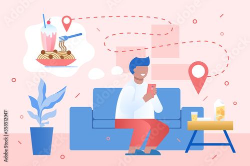 Lone man sitting on sofa at home, makes order meal by internet. Online food delivery by smartphone - Vector illustration in flat style. Client thinks about deliver italian cuisine by mobile app