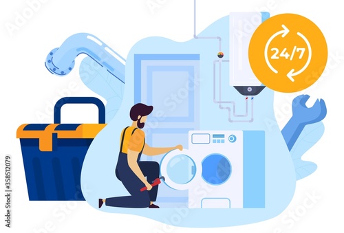 Working man plumber repairs washing machine in laundry, repair worker, home technician service, handyman isolated vector illustration. Fix workman, maintenance in house, serviceman order.