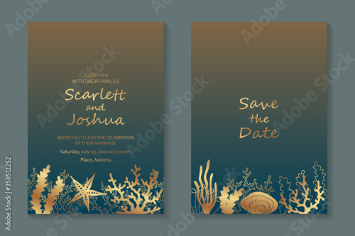 Modern luxury wedding invitation design or card templates for business or presentation or greeting with golden corals, starfish and seaweed on a blue and yellow background. photo