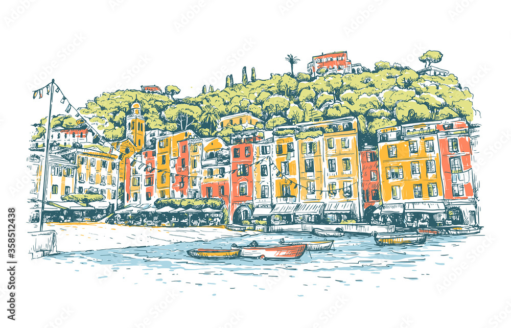 Portofino. Italy. Sketch colorful vector  background with boats, and European houses on sea coast. Bright design for print, publication, postcard, poster, travel banner or card. Horizontal drawing