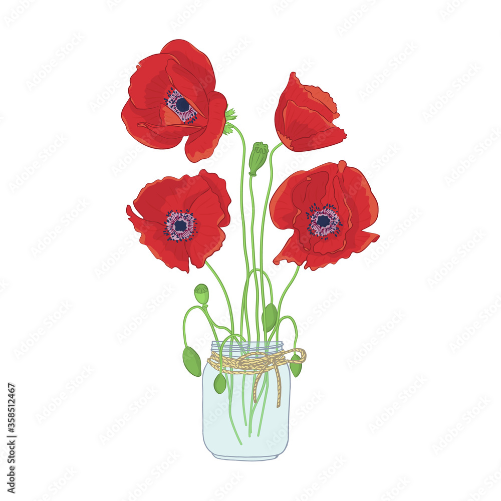 Obraz premium Hand drawn poppy flowers in mason jar clipart. Floral design element. Isolated on white background. Vector illustration.
