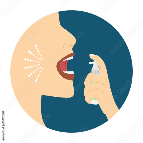 logo of mouth spray.Woman's hand using a mouth spray,spraying into her mouth vector