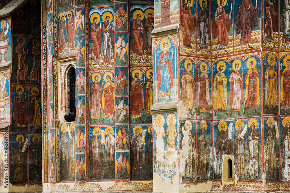Fototapeta premium Fresco on wall of monastery GURA HUMORULUI, ROMANIA