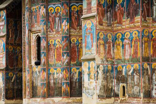 Fresco on wall of monastery GURA HUMORULUI, ROMANIA photo