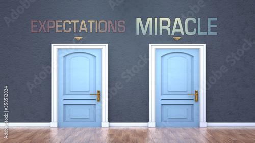 Obraz na plátně Expectations and miracle as a choice - pictured as words Expectations, miracle o