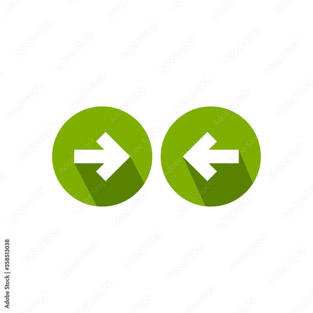 Set of arrows. white left and right arrows with shadows in green circle icons. Set of arrows. white left and right arrows with shadows in green circle icons.