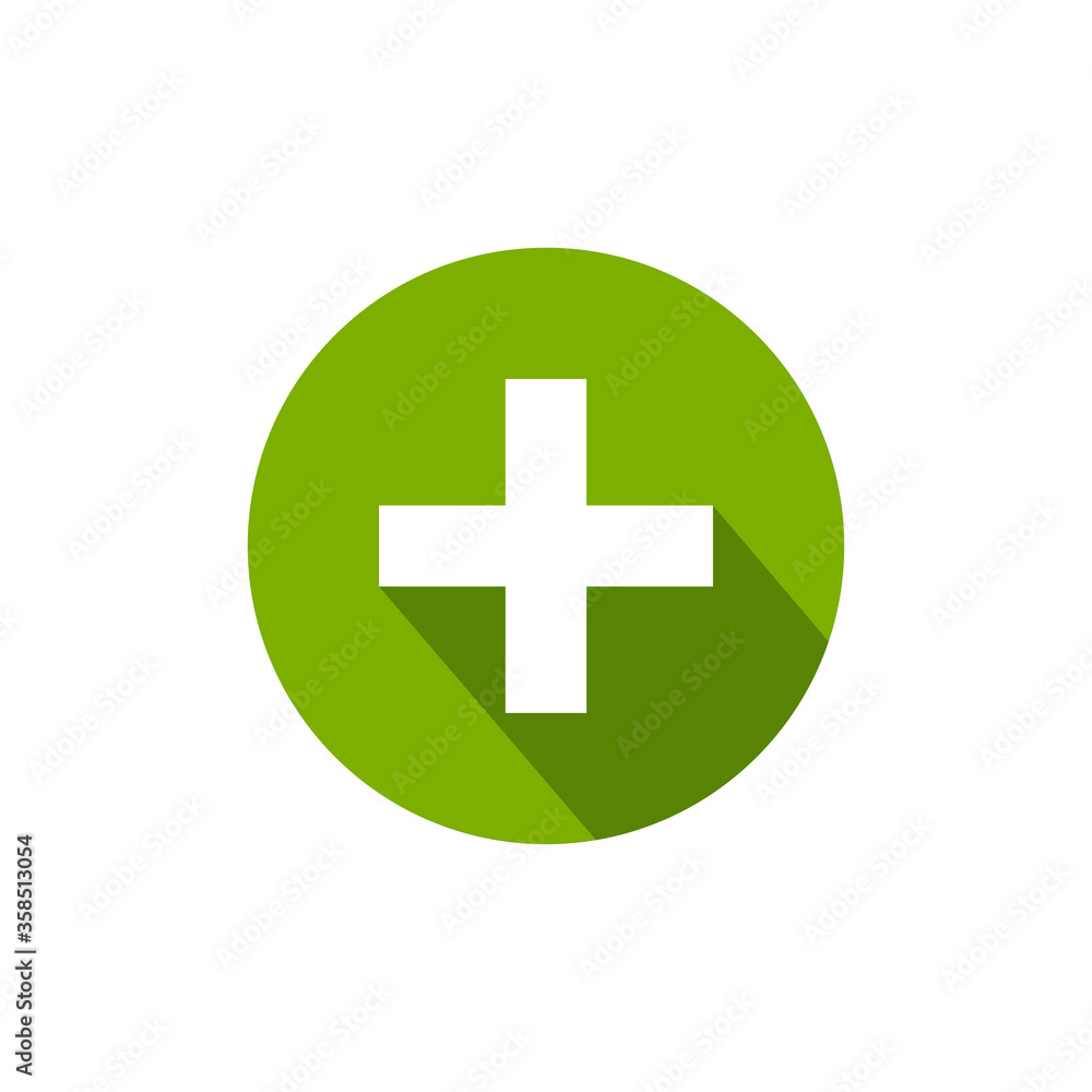 white cross with shadow in green circle. Flat vector icon isolated on white. white cross with shadow in green circle. Flat vector icon isolated on white.