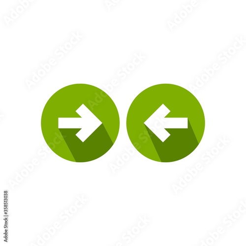 Set of arrows. white left and right arrows with shadows in green circle icons.