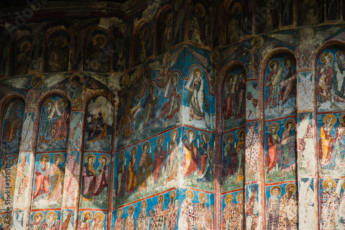 Fresco on wall of monastery GURA HUMORULUI, ROMANIA photo