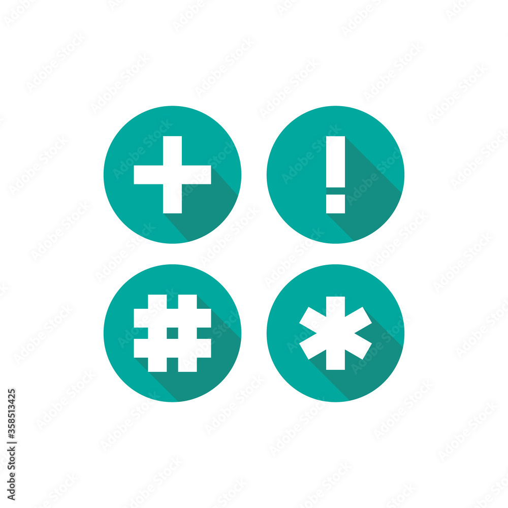 hash, asterisk footnote, plus, exclamation mark sign in circle with shadow. hash, asterisk footnote, plus, exclamation mark sign in circle with shadow.