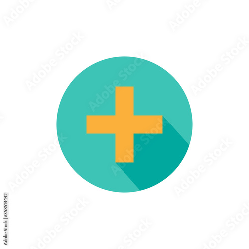 white cross with shadow in turquoise circle. Flat vector icon isolated on white.