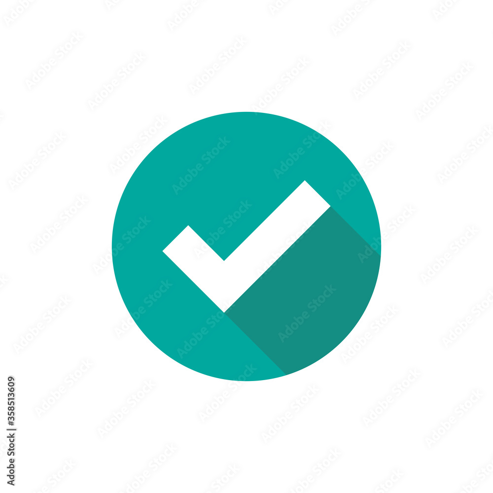 Check Mark. Valid Seal icon. white squared tick with shadow in blue circle. Flat OK sticker icon. Check Mark. Valid Seal icon. white squared tick with shadow in blue circle. Flat OK sticker icon.