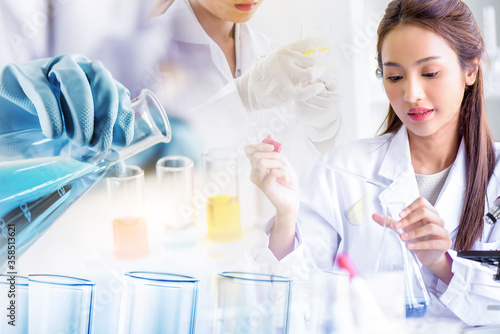 Beautiful Asian scientist woman lab technical service observe liquid sample with lab glassware and test tubes in chemical laboratory background  science laboratory research and development concept.
