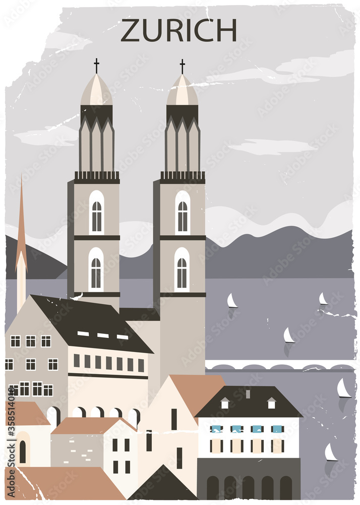 Zurich city in old style. Vector illustration