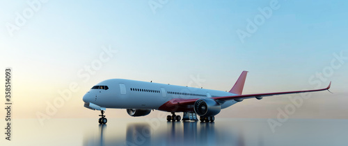 Airplane on runway at sunset. Passenger aircraft, commercial airline.