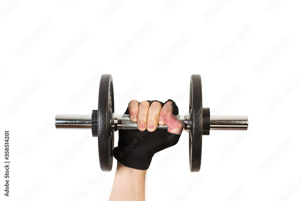 Mano de hombre sosteniendo una pesa mancuerna de gimnasio sobre fondo blanco aislado. Vista de frente. Copy space Mano de hombre sosteniendo una pesa mancuerna de gimnasio sobre fondo blanco aislado. Vista de frente. Copy space
