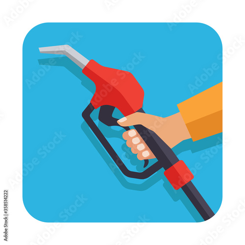 hand holding gasoline pistol pump fuel nozzle. vector illustration
