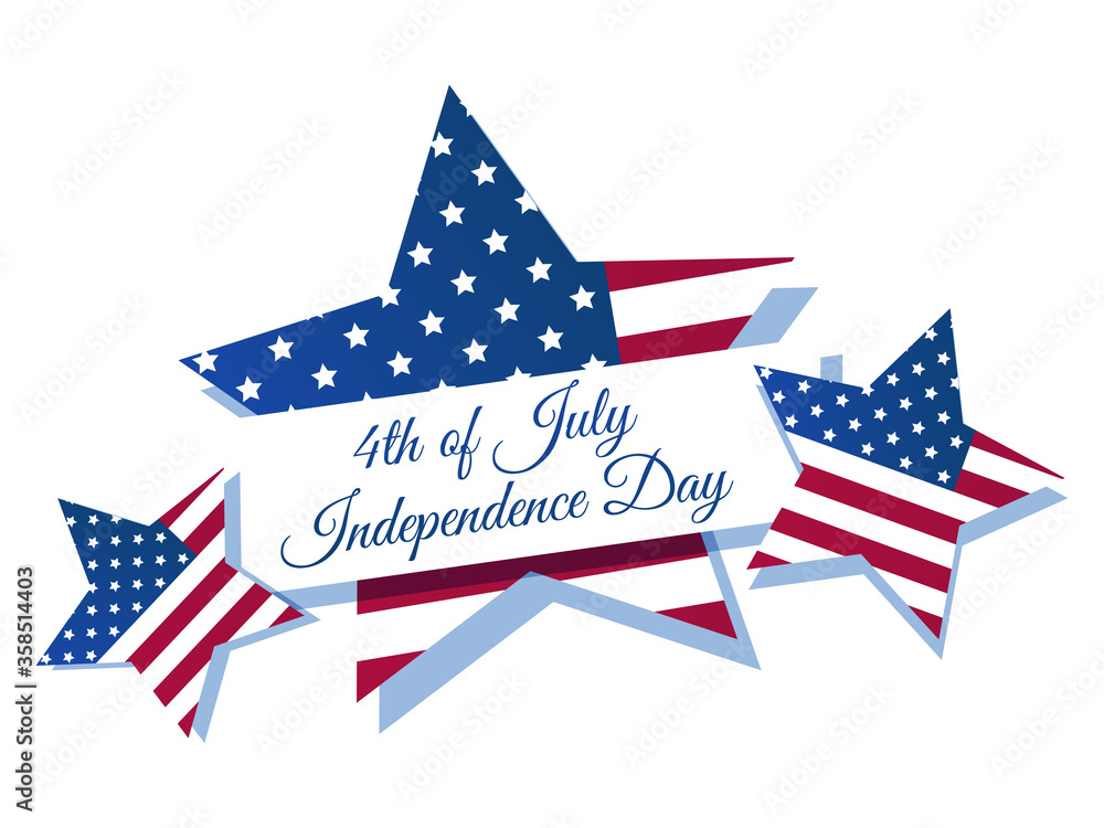 4th of July Independence Day. Festive banner with ribbon and stars with USA flag isolated on white background. Vector illustration