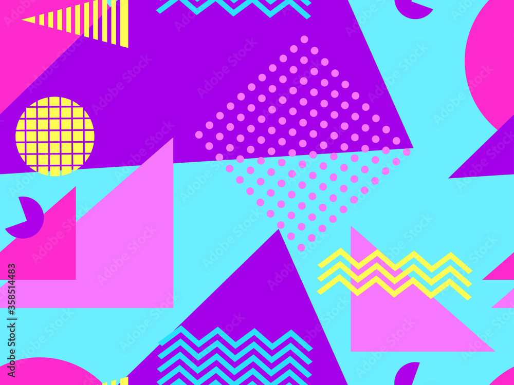 Memphis seamless pattern with geometric shapes in the style of the 80s. Eighties print colorful background for promotional products, wrapping paper and printing. Vector illustration Memphis seamless pattern with geometric shapes in the style of the 80s. Eighties print colorful background for promotional products, wrapping paper and printing. Vector illustration