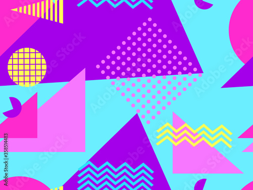 Memphis seamless pattern with geometric shapes in the style of the 80s. Eighties print colorful background for promotional products, wrapping paper and printing. Vector illustration