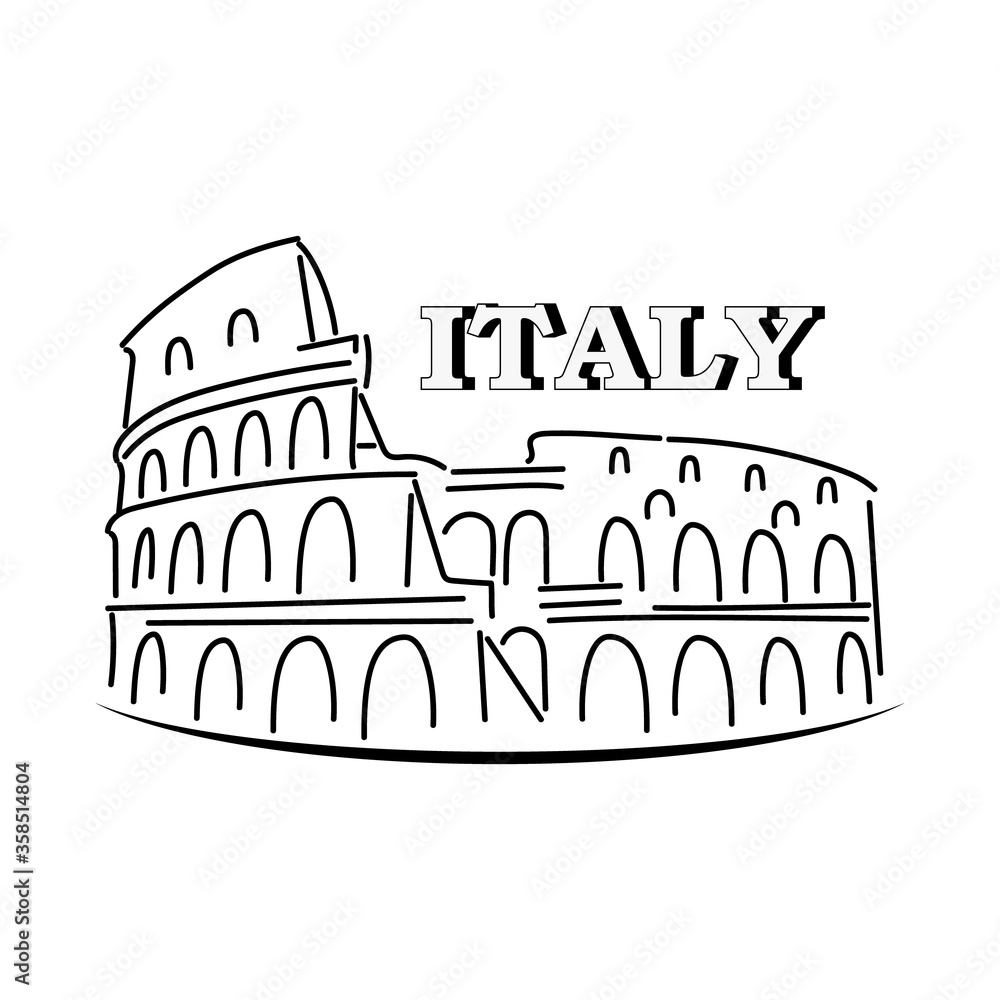 Doodle coliseum isolaten on white. Outline icon. Hand drawing line art. Tourism symbol. Sketch vector stock illustration. EPS 10