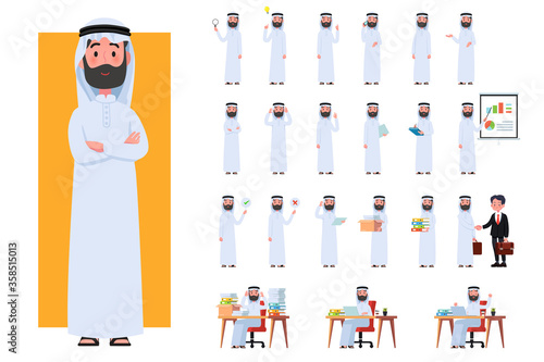 Diverse set of Arab man on white background. Muslim businessman with gadgets in flat design people characters.