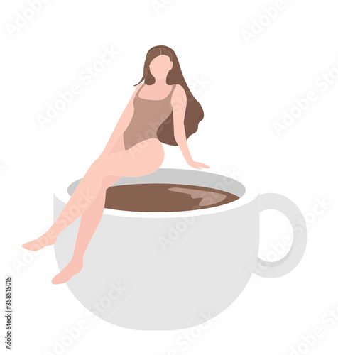 Girl in swimsuit sitting on a cup of coffee. Vector illustration