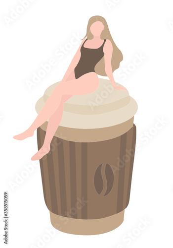 Coffee to go. The girl in swimsuit sitting on a paper cup of coffee. Modern flat vector illustration