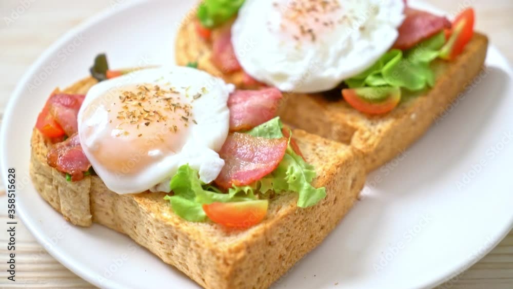 whole wheat bread toasted with vegetable, bacon and egg or egg benedict for breakfast whole wheat bread toasted with vegetable, bacon and egg or egg benedict for breakfast
