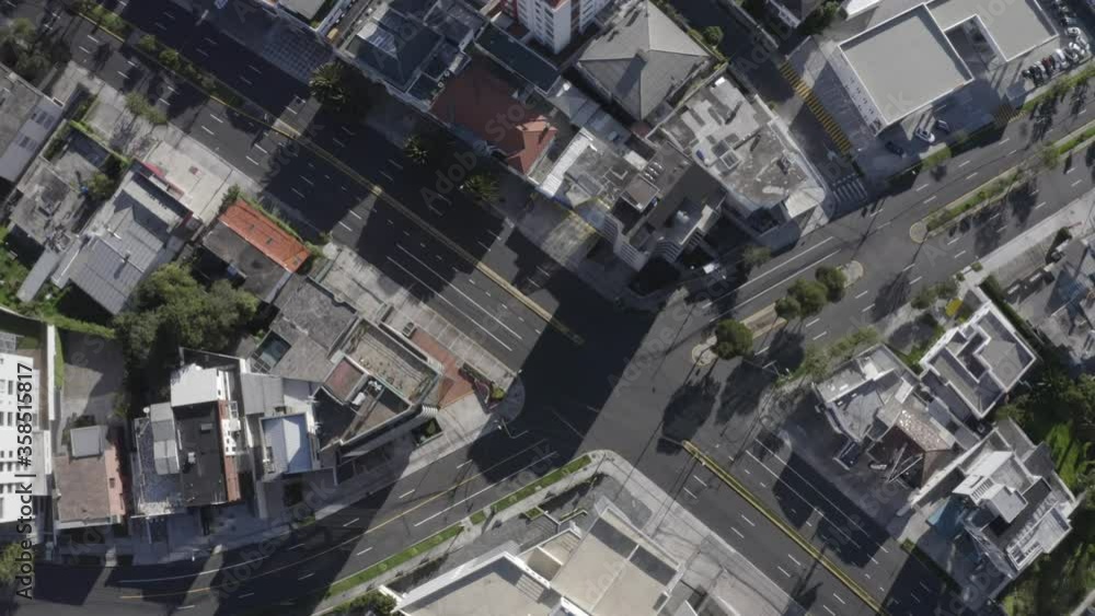 Drone shot of avenue Orellana and Coruna located in the city of Quito, Ecuador during quarantine. Empty streets. Houses and buildings surrounding the streets. Drone shot of avenue Orellana and Coruna located in the city of Quito, Ecuador during quarantine. Empty streets. Houses and buildings surrounding the streets.