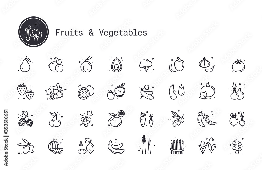 Vegetables, fruits, berries thin line vector icons. Fruit orchard, farm harvest, growing fruit and veg crops pictograms. Design elements for web interface and mobile app isolated on white background. Vegetables, fruits, berries thin line vector icons. Fruit orchard, farm harvest, growing fruit and veg crops pictograms. Design elements for web interface and mobile app isolated on white background.