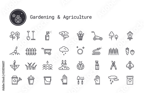 Gardening, horticulture, landscaping thin line vector icon set. Soil cultivation, garden work tool, plant growing pictogram. Design elements for web interface, mobile app isolated on white background.