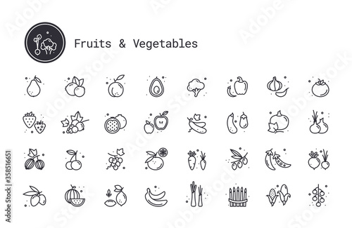 Vegetables, fruits, berries thin line vector icons. Fruit orchard, farm harvest, growing fruit and veg crops pictograms. Design elements for web interface and mobile app isolated on white background.