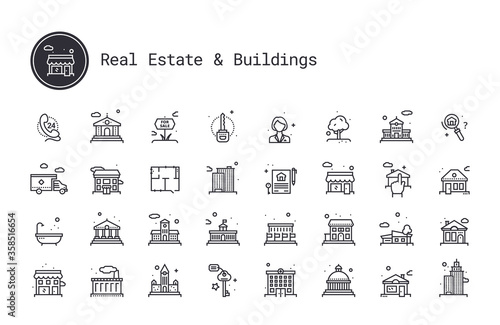 Real estate business and building exterior thin line icons. Public, commercial property, government realty, historical building, personal houses. Vector pictograms for map, web interface, mobile app.