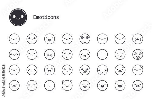 Cute emoticons thin line icons. Vector set of modern linear style smiley symbols. Simple Illustration of varied people face expressions for blogs, social networks, messenger apps, mobile and web chats