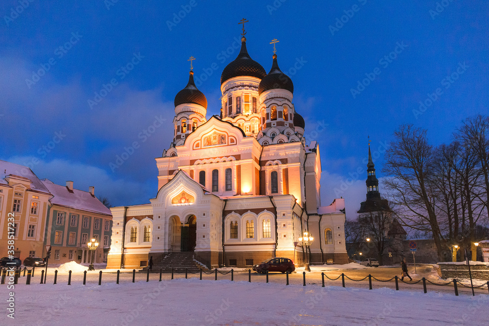 Church cathedral Alexander Nevsky in Tallinn in a night-time lighting. Snowy winter.
