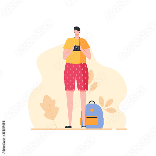 Young man traveling with luggage and camera in vacation. Isolated tourist character with backpack. Concept of summer travel, tourism, activity. Vector illustration in cartoon flat design