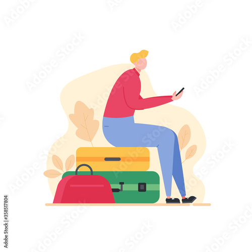 Young man sitting on luggage in vacation. Isolated tourist male character traveling with bags. Concept of summer travel, tourism, activity. Vector illustration in cartoon flat design