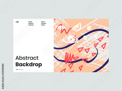 Abstract homepage illustration. Colorful lines, spots, dots, eyes and paint strokes. Decorative chaotic background, backdrop. Hand drawn texture, different shapes and textures. Eps10 vector.