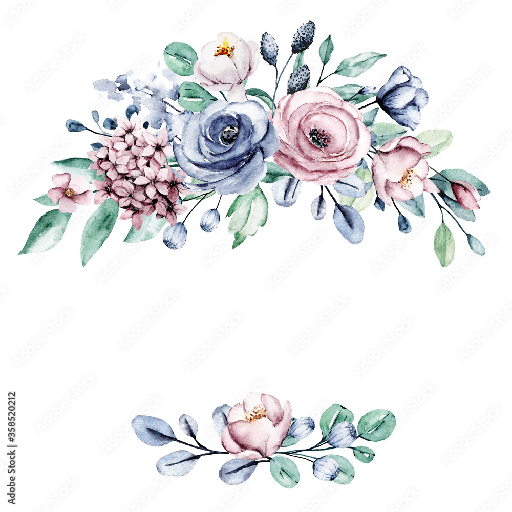Fototapeta premium Wreath with watercolor flowers, floral frame for greeting card, invitation and other printing design. Isolated on white. Hand drawing.