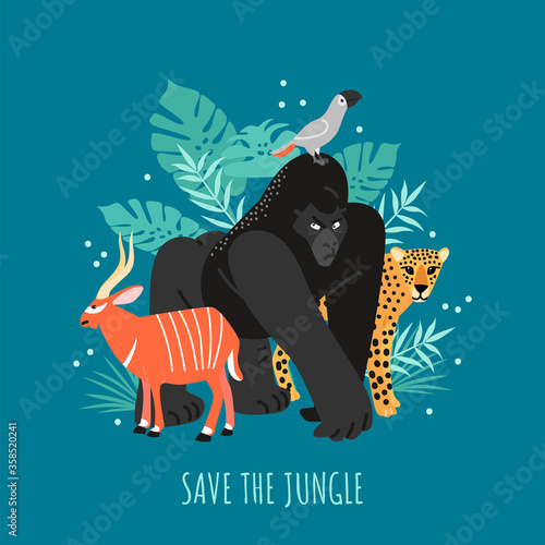 Vector illustration with animals of the African rainforest and tropical plants. Save the jungle