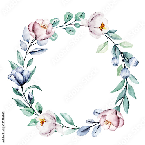Fototapeta Naklejka Na Ścianę i Meble -  Wreath with watercolor flowers, floral frame for greeting card, invitation and other printing design. Isolated on white. Hand drawing.