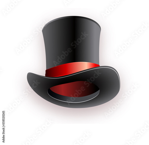 Black cylinder hat with red ribbon. Magic hat.