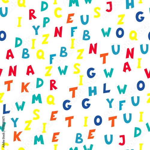 Seamless pattern of multicolored English letters on white background. Vector illustration.