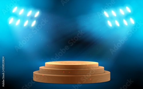 wooden podium with blue spotlight on the stage