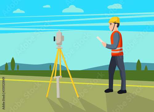 Concept land surveyors. Сadastral engineer, cartographer, cartoon  character. Vector flat illustration.