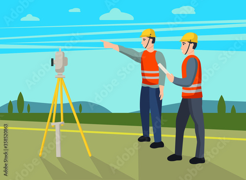 Concept land surveyors. Сadastral engineer, cartographer, cartoon  character. Vector flat illustration.