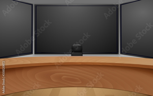 wooden table and lcds background in the news studio room	