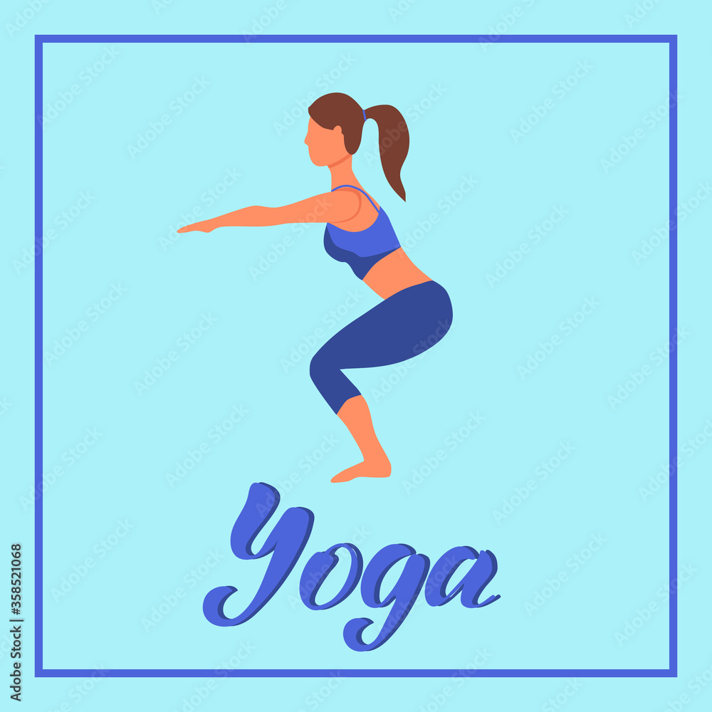 Young woman doing yoga. Yoga lettering banner. Character, background, postcard. Vector flat cartoon illustration.