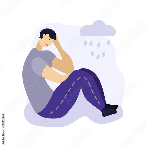 Sad man flat character. Frustrated young man sit on the ground. Broken heart, unhappy love. The concept of frustration, depression, psychotherapy.